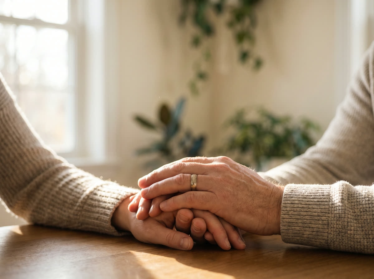Two people holding hands in a compassionate gesture